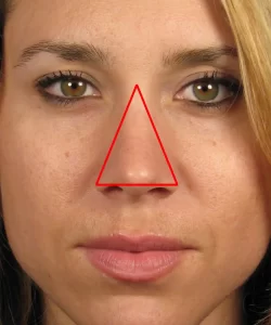 Close-up of a Caucasian woman's face showing a red triangle over the nose, indicating the nose shape.