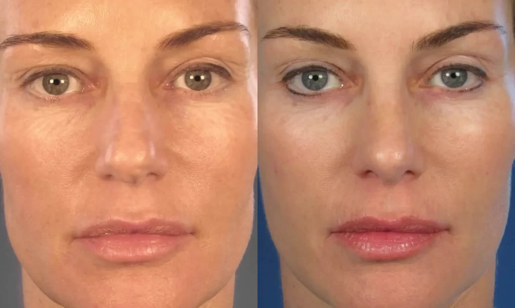 Side-by-side comparison of a person's face showing skin texture differences, with the left side having more visible wrinkles and the right side appearing smoother.