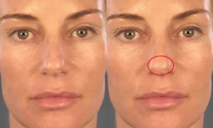 Close-up of a woman's face before and after a cosmetic procedure, highlighting changes to the nose area with a red circle.