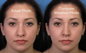 Side-by-side comparison of an actual photo and a computer-morphed photo of a woman's face, highlighting subtle differences in facial features.