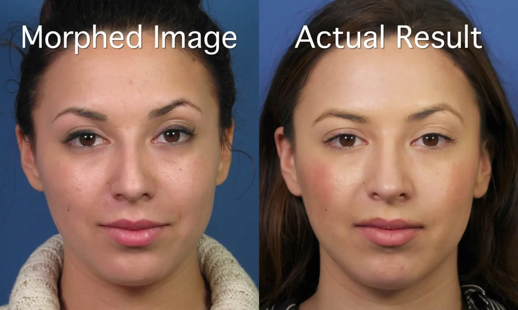 Side-by-side images of a woman's face labeled "Morphed Image" and "Actual Result", showing slight variations in skin tone and texture.