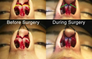Side-by-side view of nasal surgery progress. Left image shows before surgery with markings; right image shows during surgery with visible incisions and retracted tissue. Top and bottom photos.