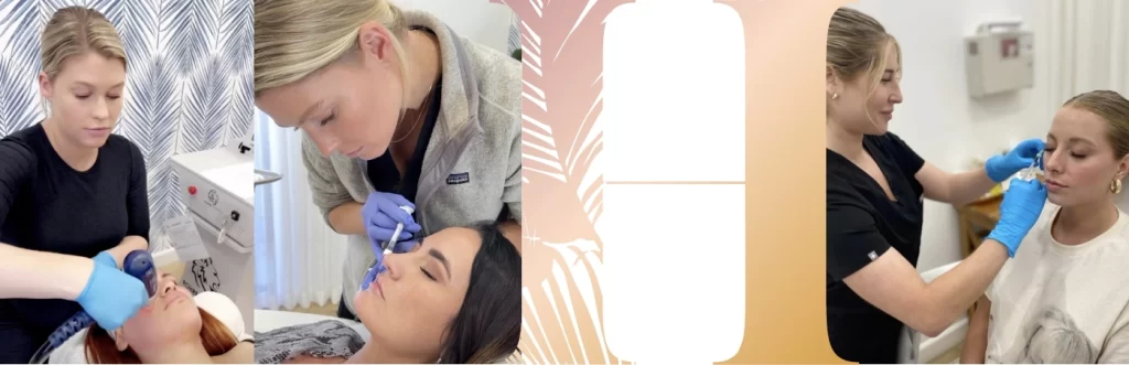 Three images depict a person applying a cosmetic treatment to various individuals, focusing on facial areas, with a patterned divider in the center.