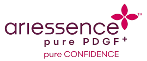 Logo with the word "ariessence" in dark red, accompanied by a red star-like symbol. Below, the text reads "pure PDGF" and "pure CONFIDENCE.