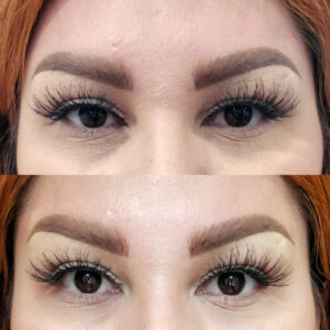 Close-up comparison of a person's eyes with eyelash extensions; top image shows a more dramatic look, while the bottom image shows a natural enhancement.
