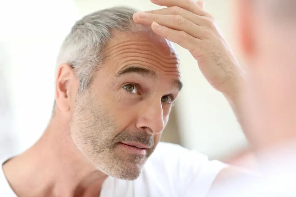 man looking into the mirror at his hair loss